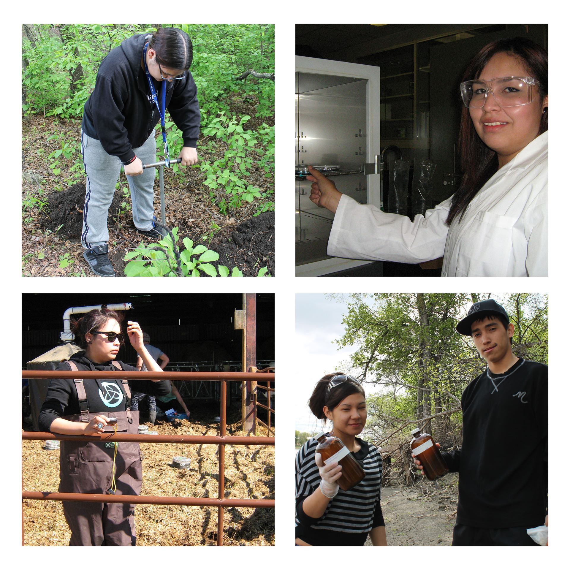 Four pictures of VJKF students. Top left picture of a student outside digging up plant. Top right picture of a student in a lab coat and goggles. Bottom left picture of a student outside inside an animal pen. Bottom right picture of two students holding water samples.